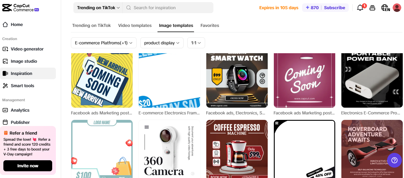 Pippit interface showcasing e-commerce image templates for affiliate marketing and product display.